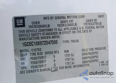 2007 Chevrolet Silverado 1500 Work Truck from USA, damaged, VIN 1GCEC19X87Z647500